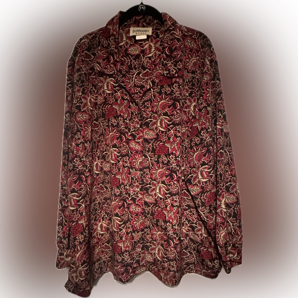 Donkenny Size 3X Burgandy Red Black Floral Pattern Button Down Blouse. Vintage!